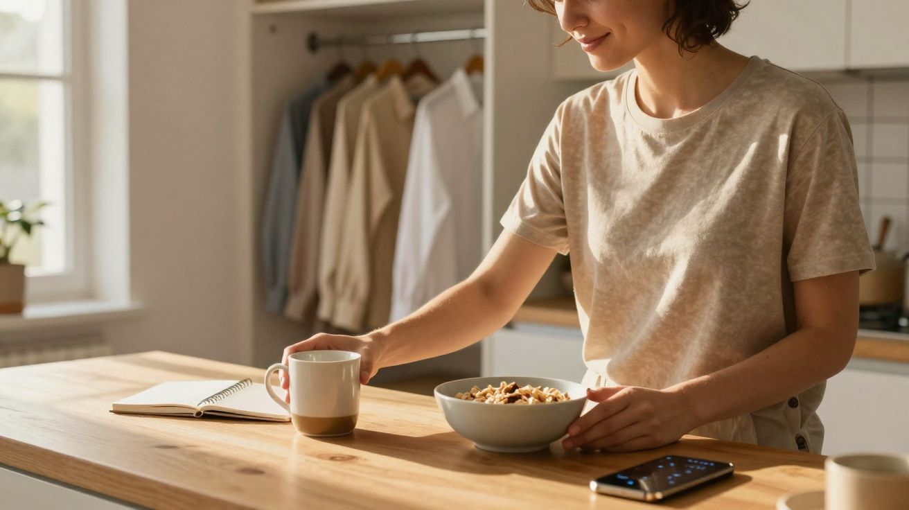 Mulher segurando caneca e tigela com cereal em bancada de cozinha iluminada pela manhã.