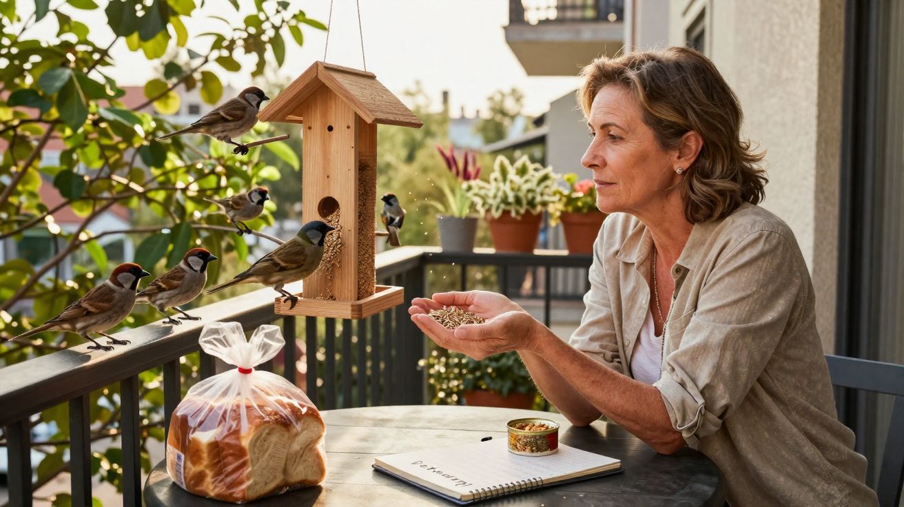 Mulher sentada na varanda alimentando pássaros em comedouro de madeira com sementes nas mãos.