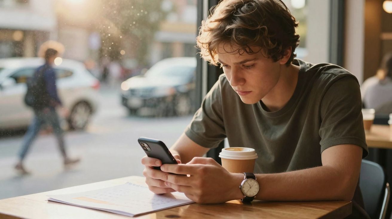 Jovem sentado em cafeteria olhando para celular com copo de café e caderno à sua frente.