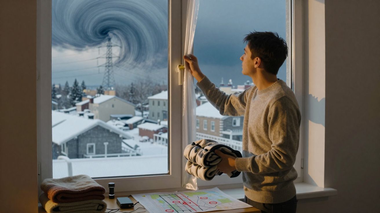 Homem abre janela olhando para redemoinho no céu acima de bairro coberto de neve.
