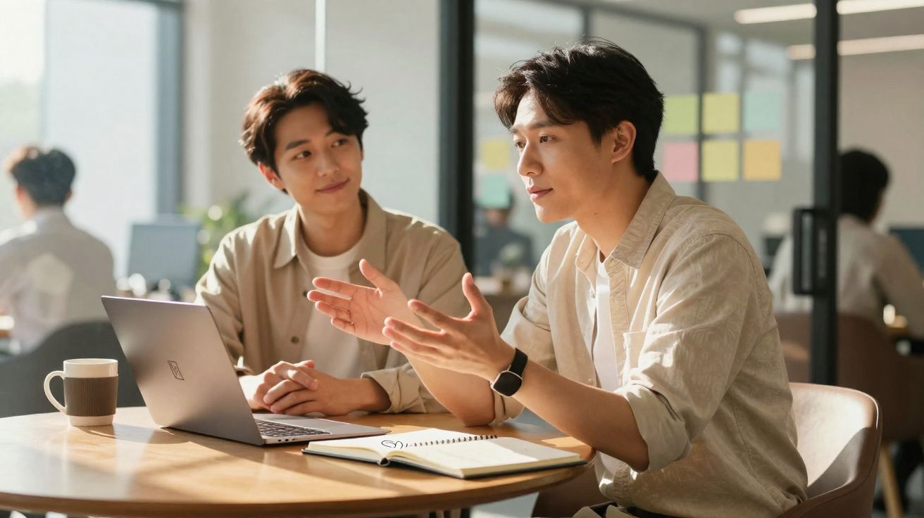 Dois homens conversando em mesa com notebook, caderno e café em ambiente de escritório moderno.