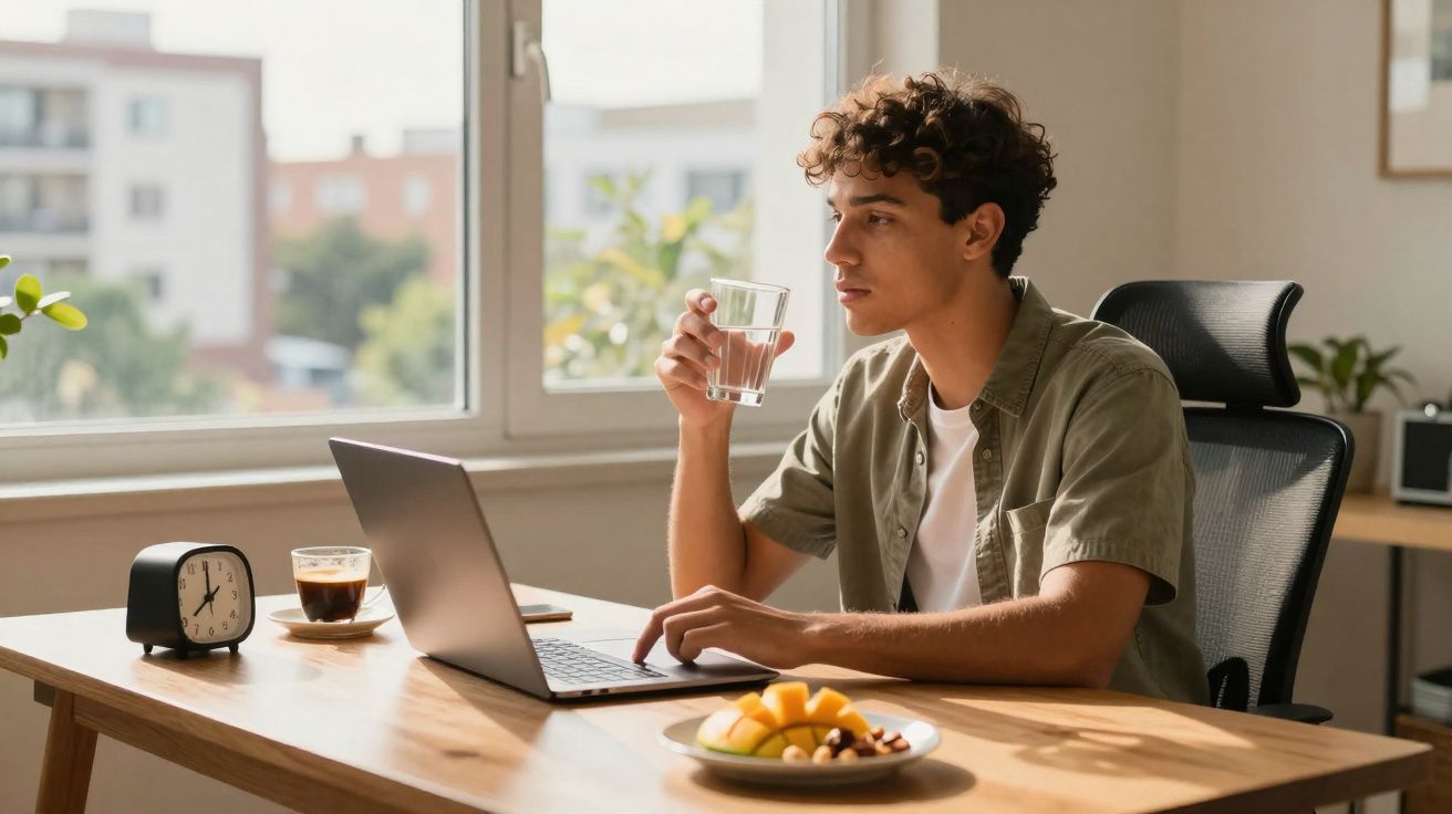 Jovem sentado em escritório, trabalhando no laptop e bebendo água, com frutas e café na mesa.