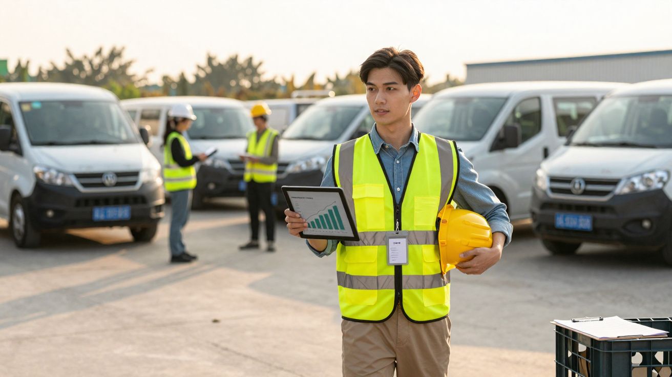 Homem com colete refletivo e capacete amarelo segura tablet em área externa com vans ao fundo.