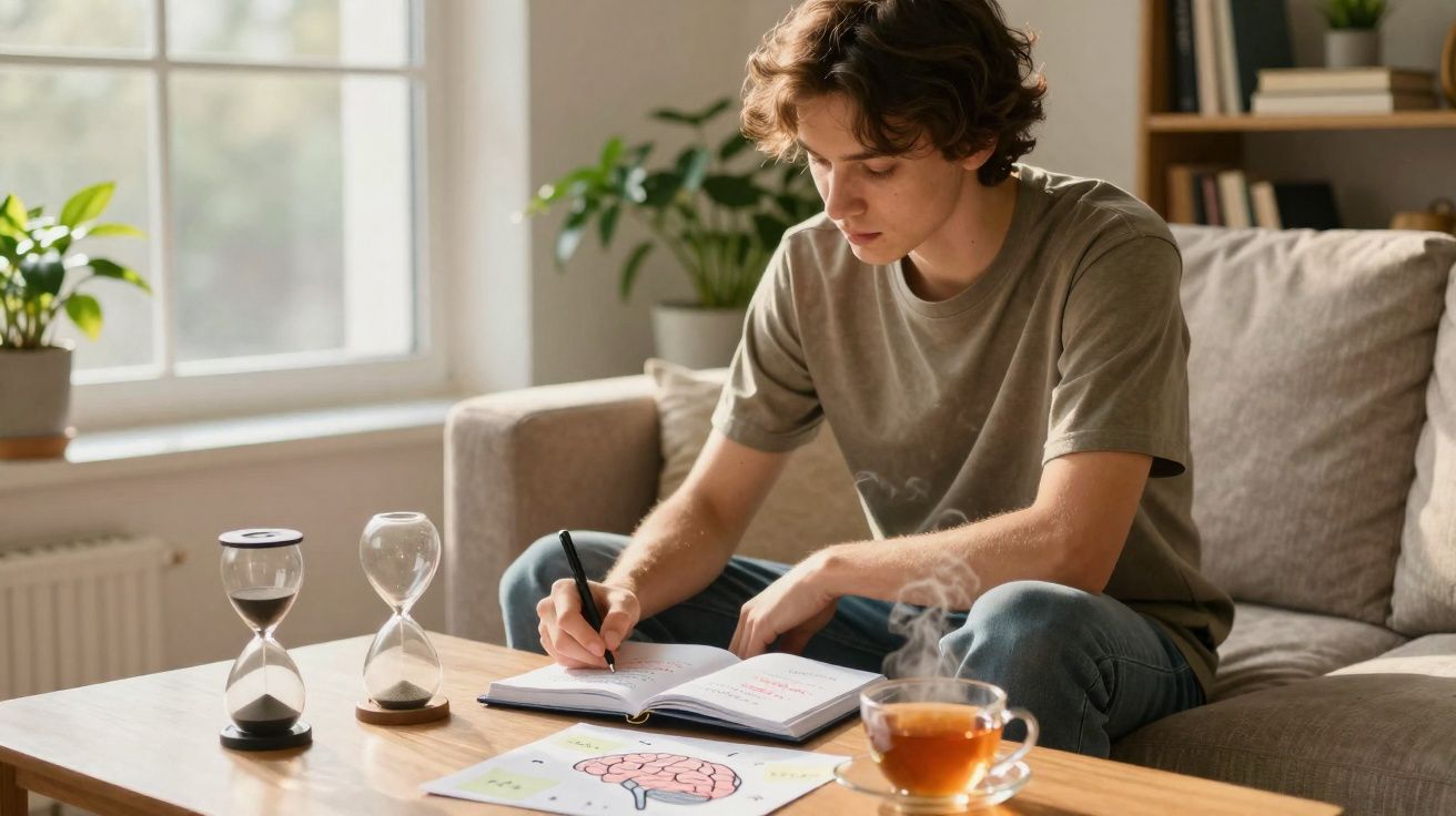 Jovem sentado no sofá escrevendo em caderno com ampulhetas e chá quente na mesa à sua frente.