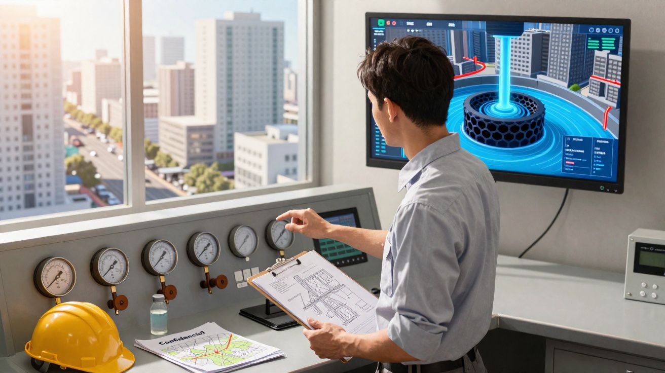 Homem analisando painéis de controle e tela digital com maquete de cidade em escritório iluminado pela luz do dia.