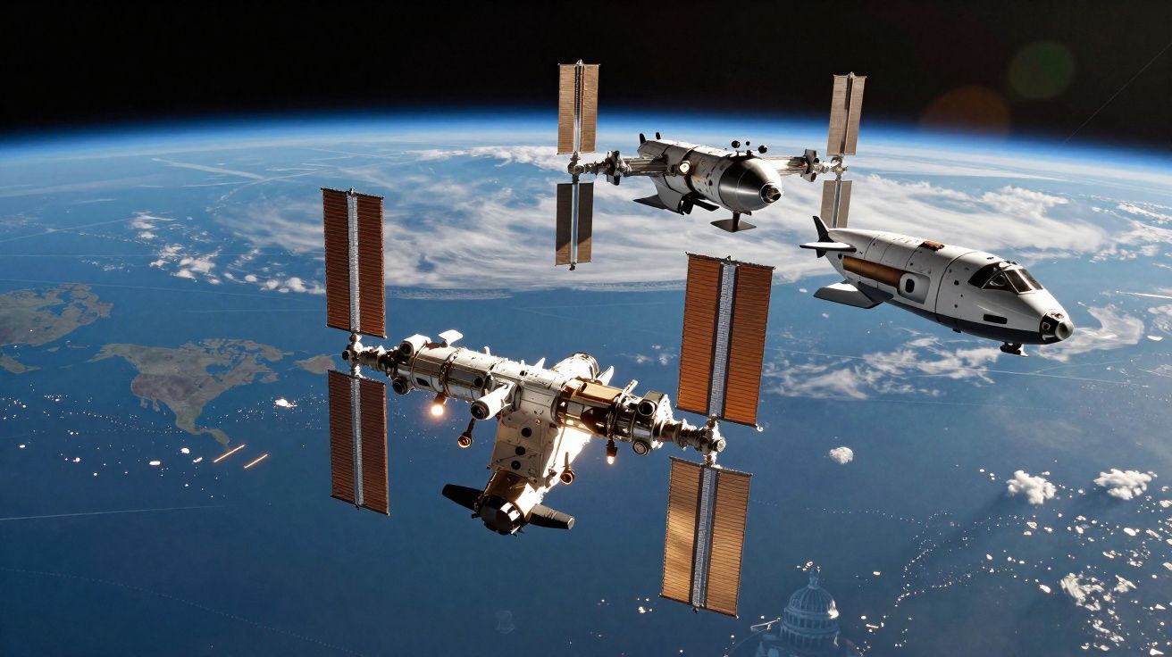 Estação espacial com painéis solares e nave espacial orbitando a Terra sobre o oceano.