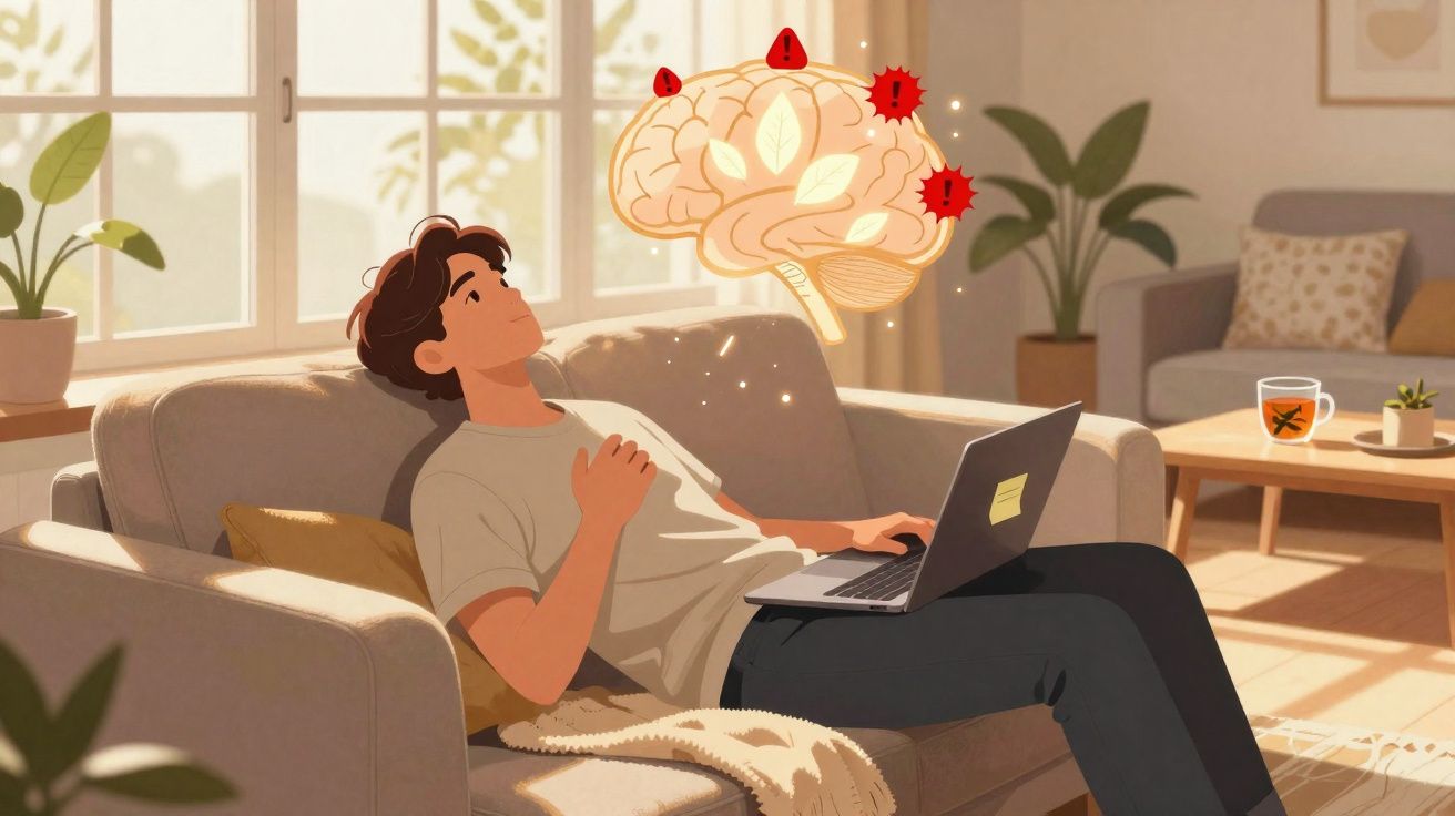 Homem sentado no sofá com laptop, aparentando preocupação com sinais de alerta no cérebro flutuante.