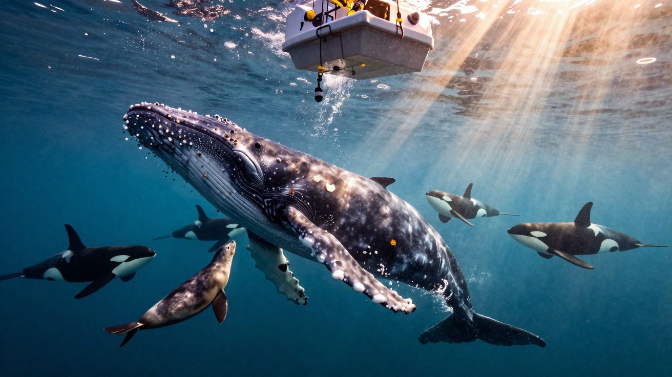 Baleia jubarte e grupo de orcas nadando perto de bote sob luz solar no oceano azul.