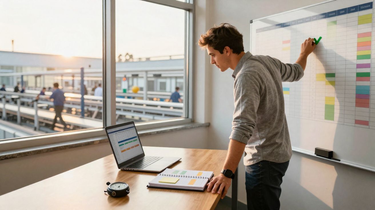 Homem jovem marca quadro branco com gráfico colorido, com notebook e caderno em mesa perto da janela.