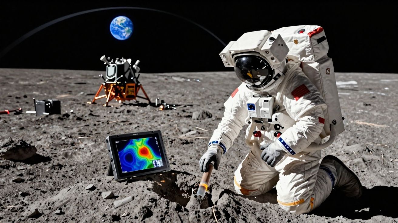 Astronauta coletando amostras na Lua com a Terra e módulo lunar ao fundo.