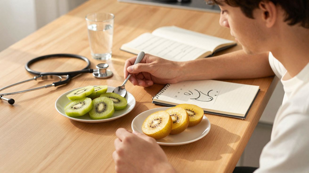 Pessoa segurando colher próxima a pratos com fatias de kiwi amarelo e verde, estetoscópio e caderno sobre a mesa.