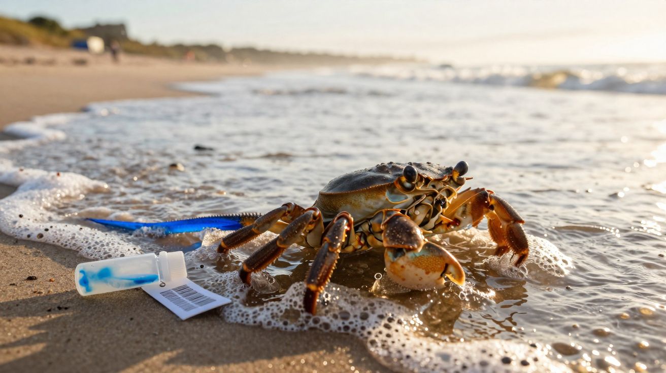Caranguejo na beira da praia com uma garra azul e etiqueta plástica presa, ondas suaves ao fundo.