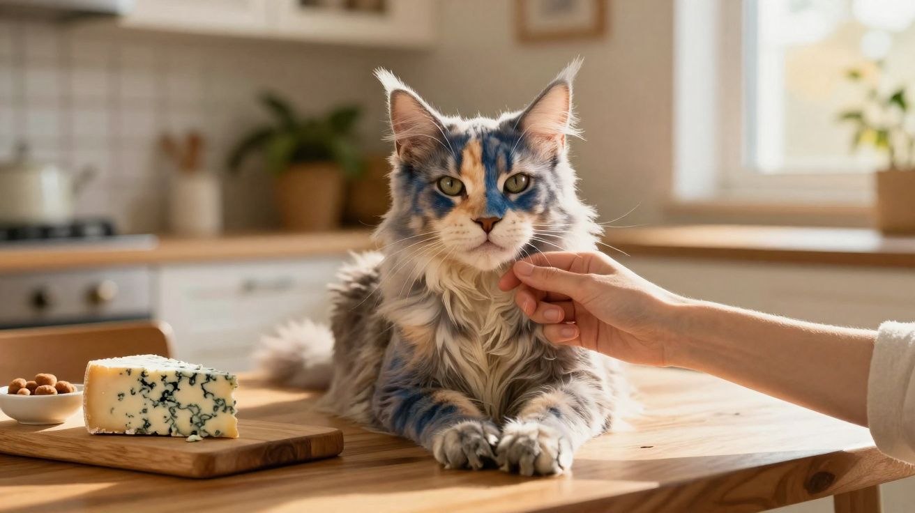 Gato Maine Coon cinza e branco sendo acariciado por uma mão em uma cozinha iluminada.