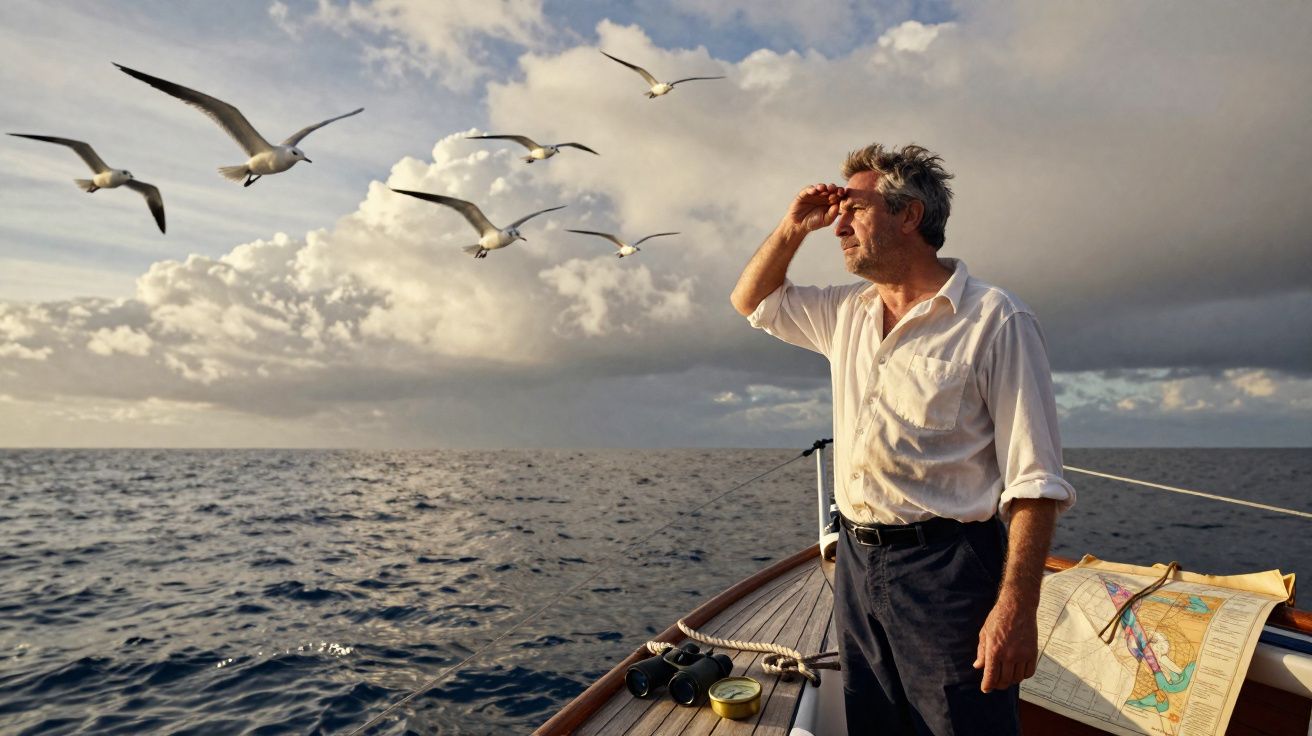 Homem observa o horizonte com mão na testa em barco no mar, com gaivotas voando ao fundo.