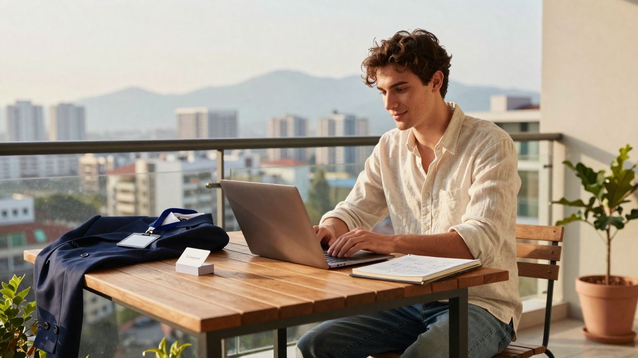 Jovem trabalhando em laptop em sacada com vista para prédios ao fundo, mesa com caderno e blazer azul.