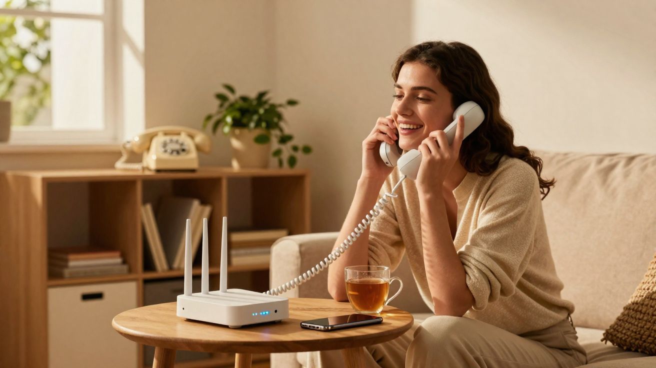 Mulher sorridente falando ao telefone fixo em sala com mesa, roteador, celular e chá.