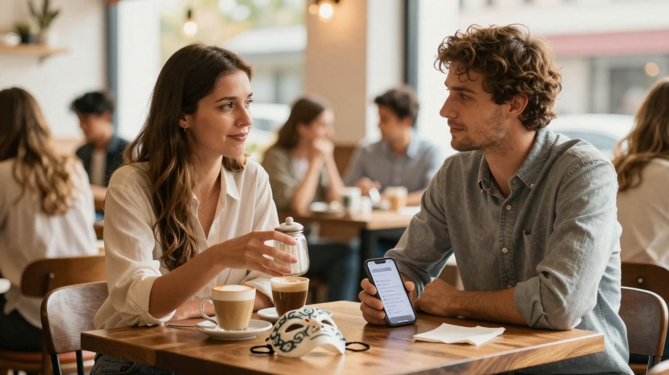 Casal conversando em cafeteria, com cafés na mesa e máscara facial ao centro.