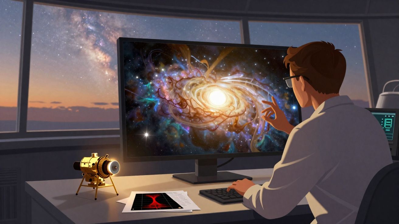 Homem em laboratório observa galáxia brilhante na tela de computador ao pôr do sol pelas janelas.