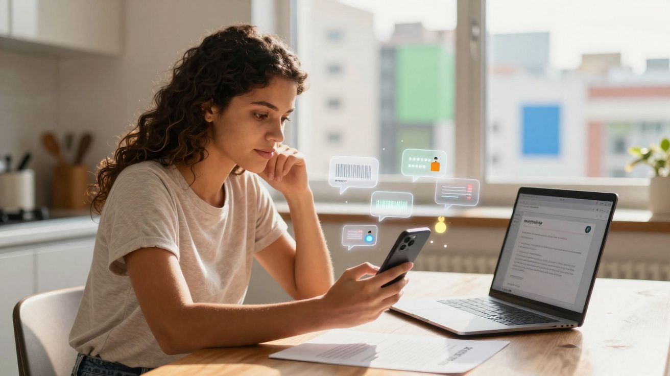 Mulher sentada à mesa usando smartphone e notebook, com ícones digitais flutuantes ao redor do telefone.