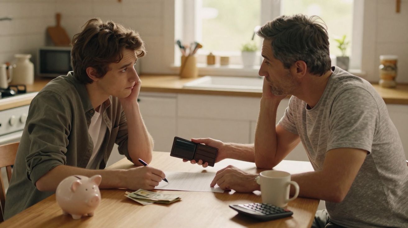 Pai e filho conversam preocupados sobre finanças na cozinha, com cofrinho, dinheiro e calculadora sobre a mesa.