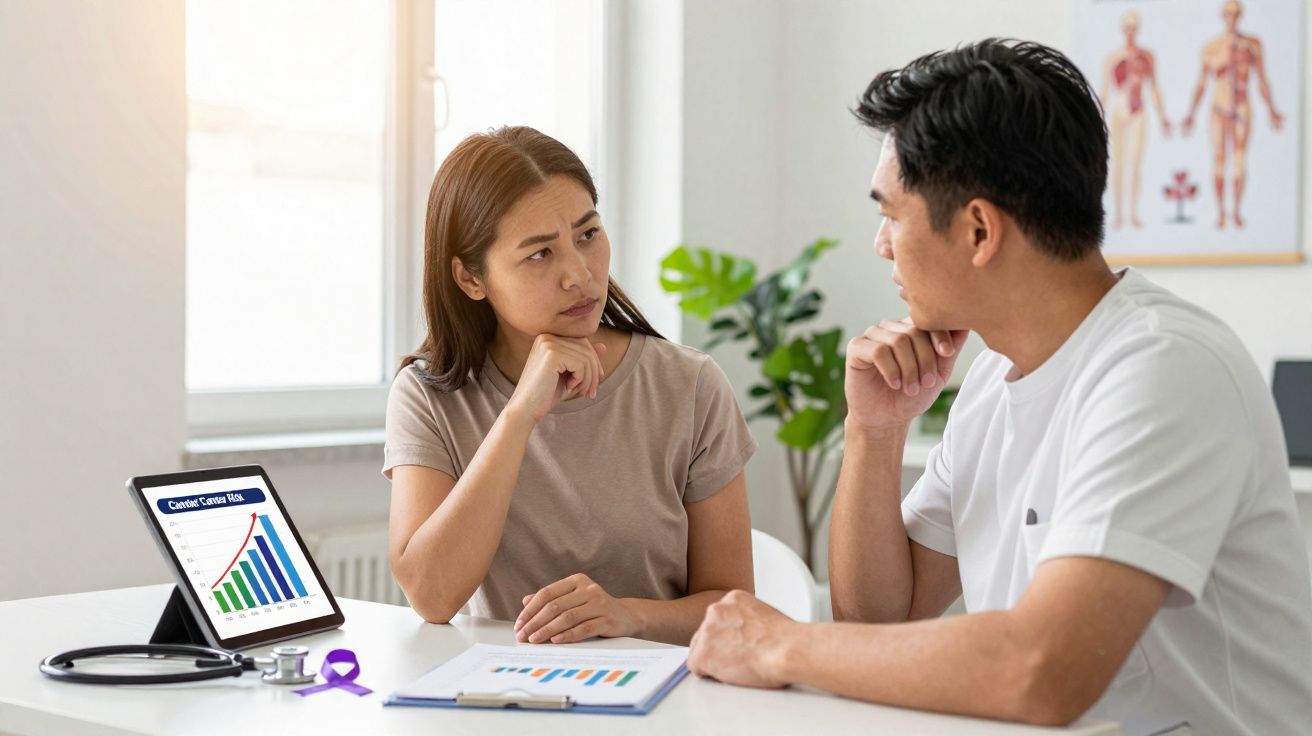 Mulher consultando médico, gráfico sobre risco de câncer exibido em tablet na mesa.