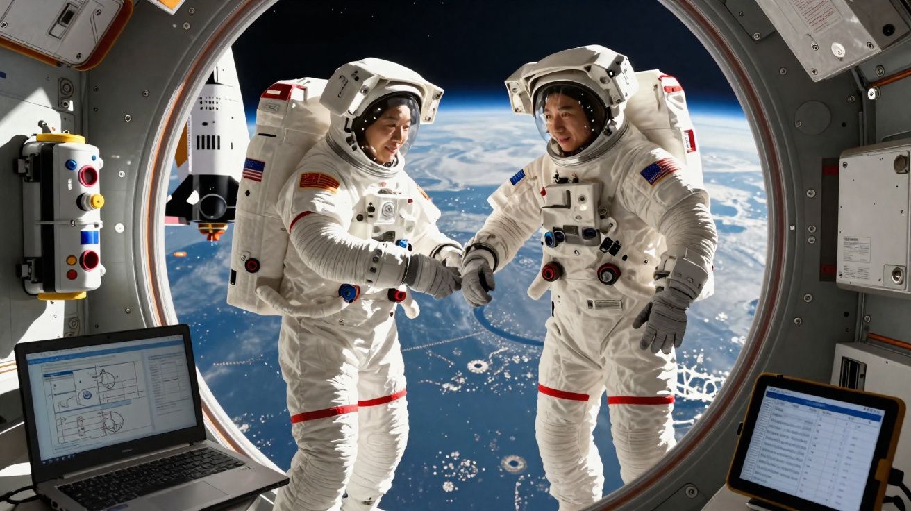 Dois astronautas em trajes espaciais se cumprimentam em módulo da estação espacial com a Terra ao fundo.