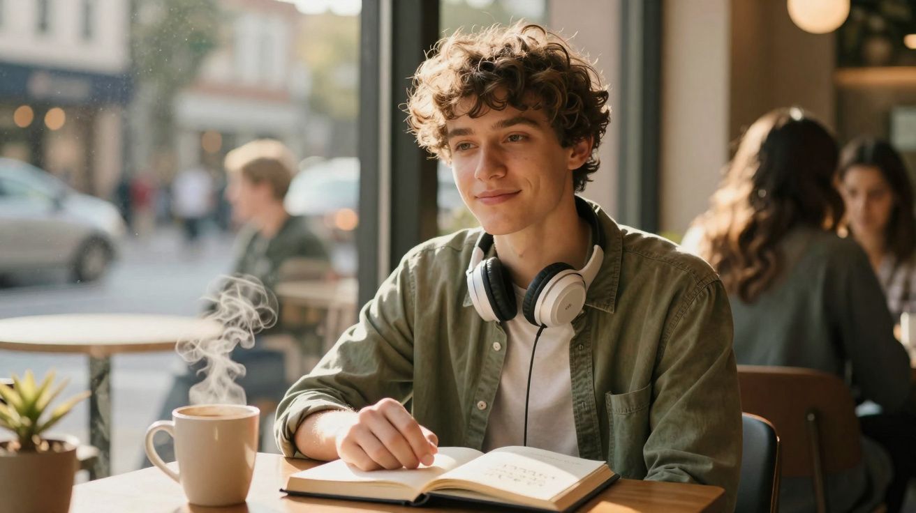 Jovem com fones no pescoço lê livro em cafeteria com xícara de café fumegante à frente.