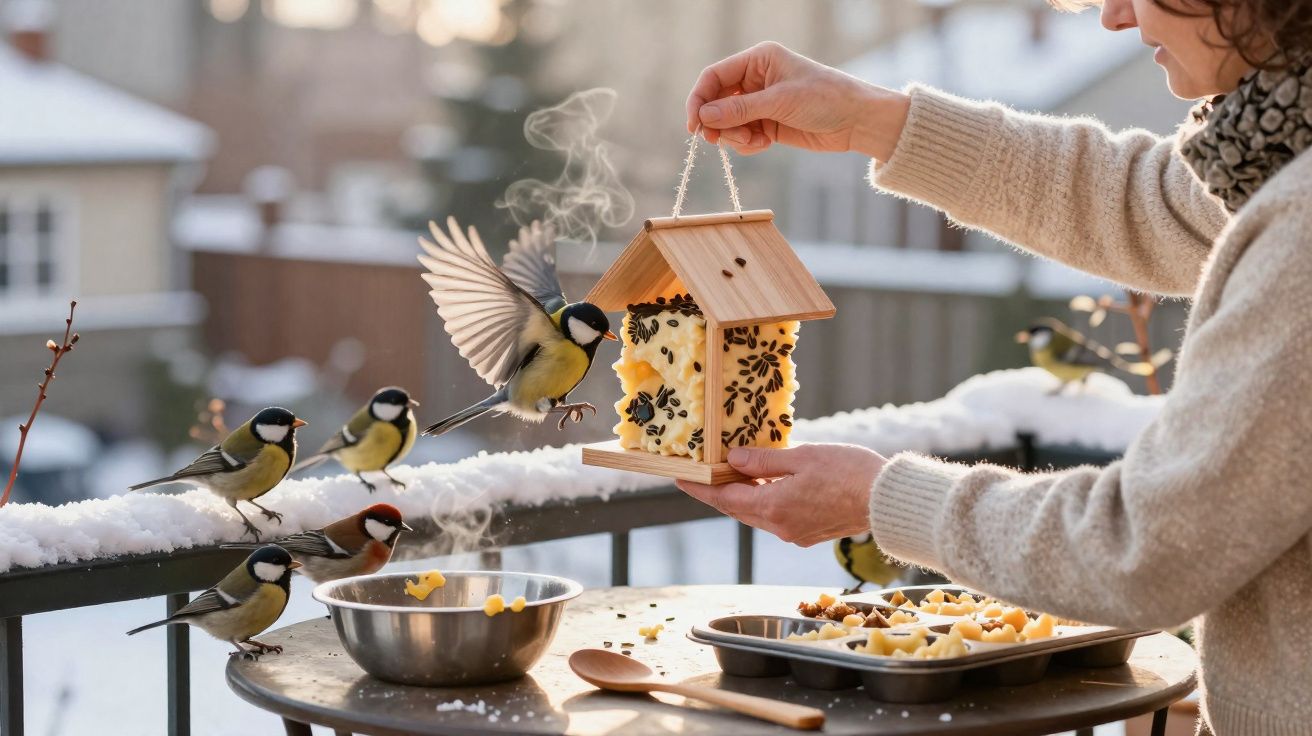 Pessoa segurando comedouro artesanal para pássaros em varanda com neve e várias aves pousadas ao redor.