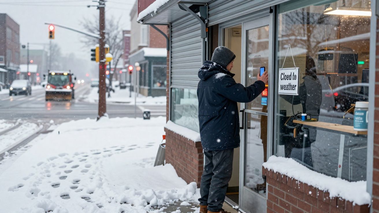Pessoa com casaco pesado usa celular diante de loja fechada por causa do tempo, com neve acumulada na rua e calçada.
