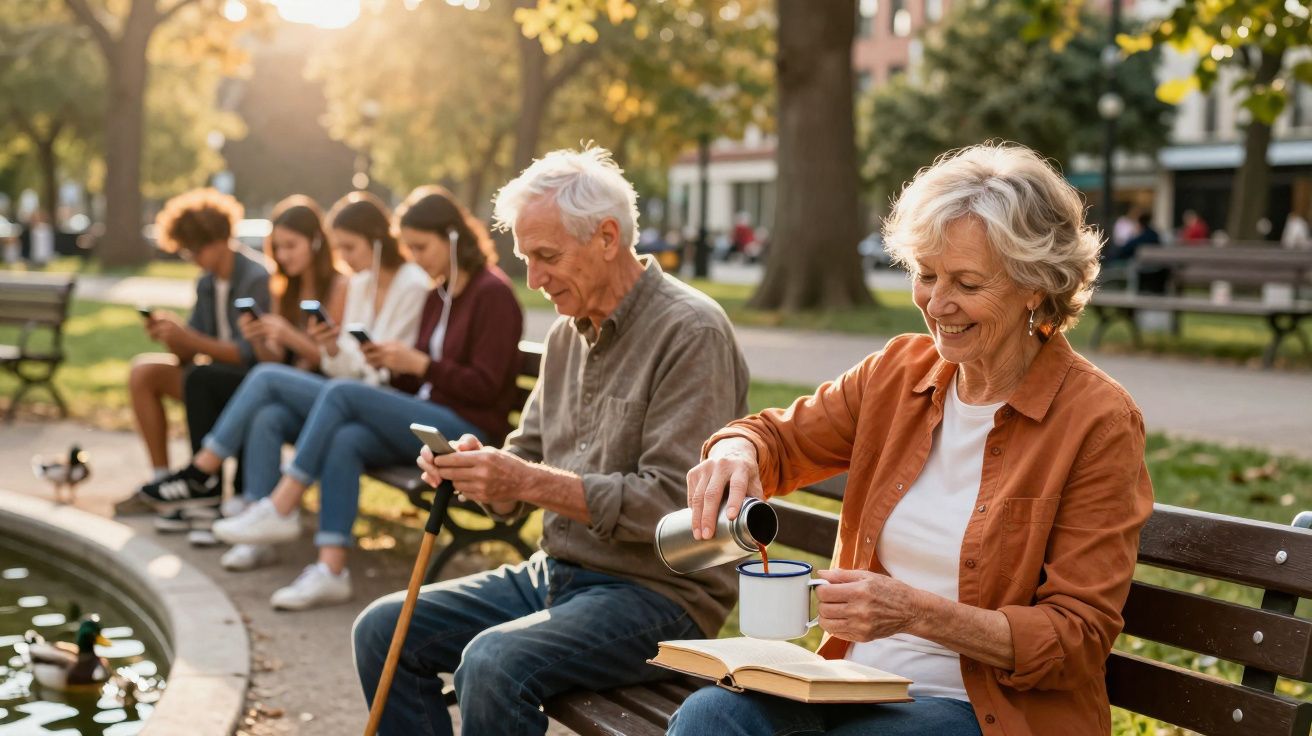 Casal idoso sentado em banco de parque, mulher servindo café, jovens ao fundo usando celulares.