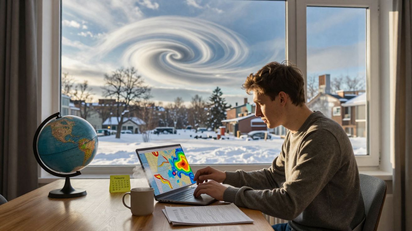 Jovem estuda previsões meteorológicas em laptop, com globo terrestre e céu com nuvem em espiral ao fundo.