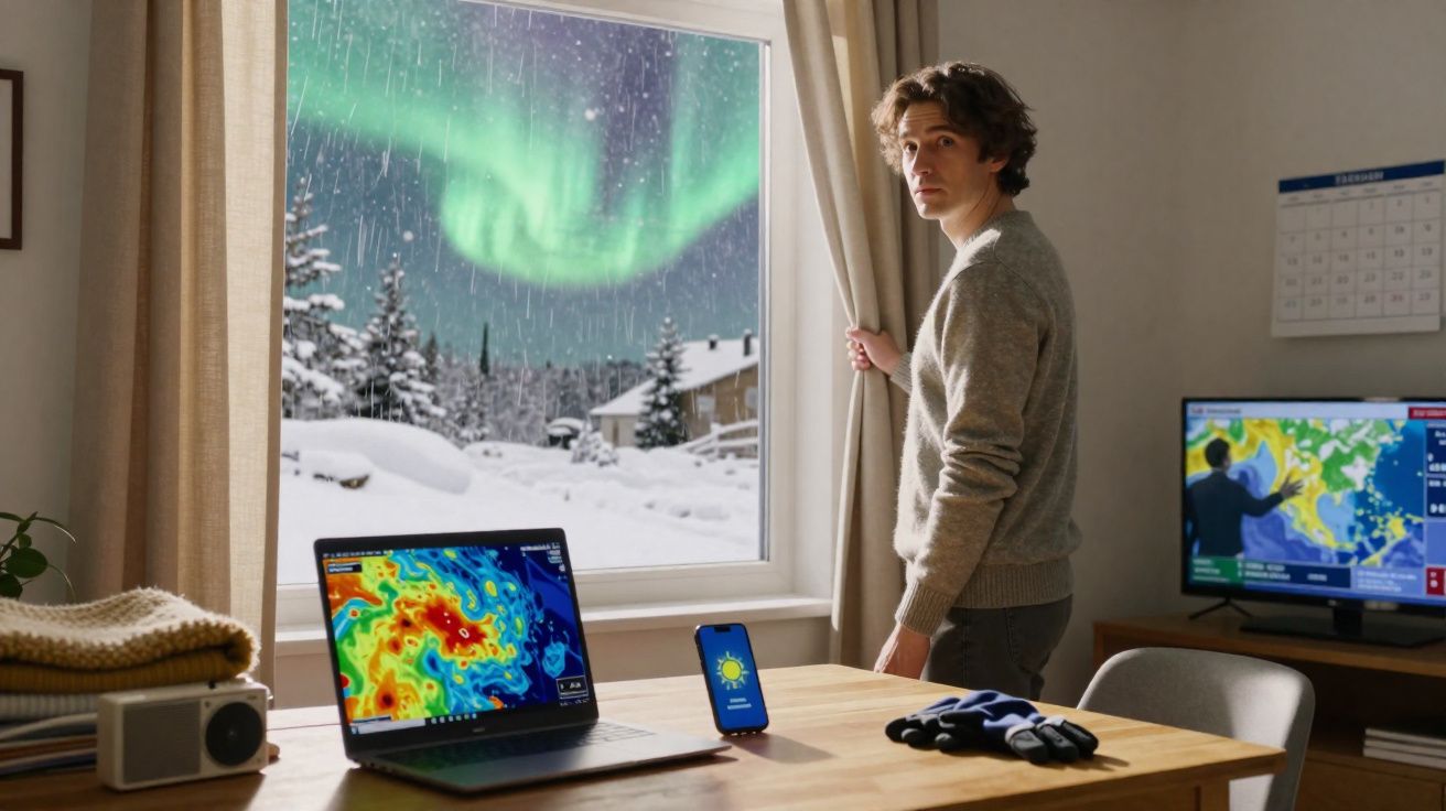 Homem olhando pela janela com neve do lado de fora e fenômeno de aurora boreal no céu noturno.