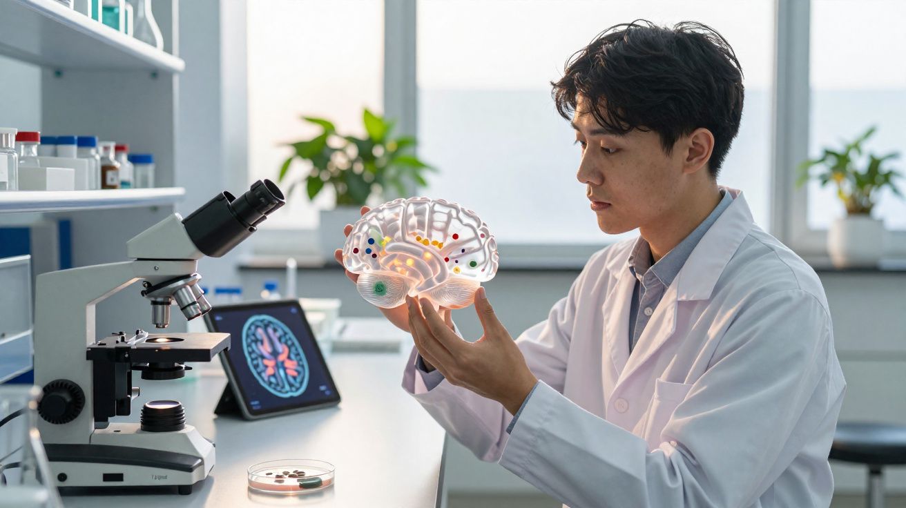 Cientista analisando modelo translúcido de cérebro com pontos coloridos em laboratório moderno.