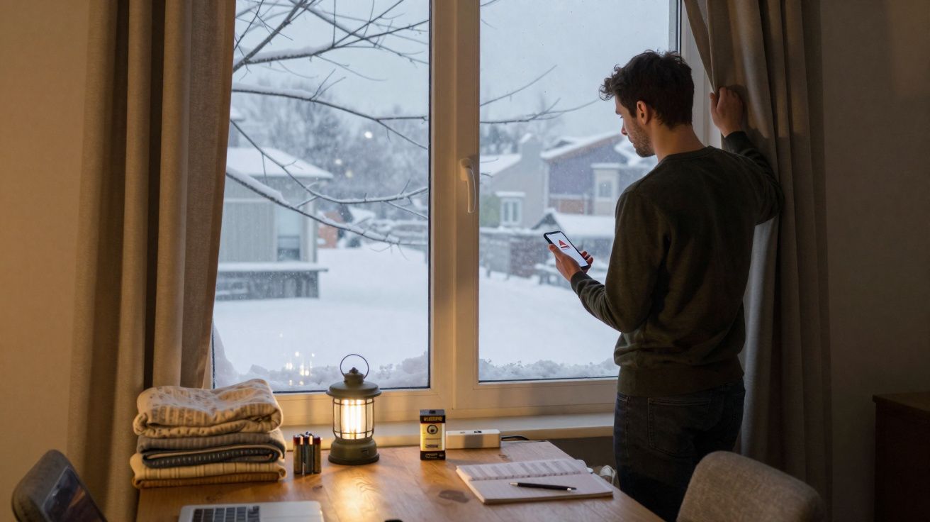 Homem usando celular perto da janela com vista para paisagem nevada e mesa com objetos ao amanhecer.