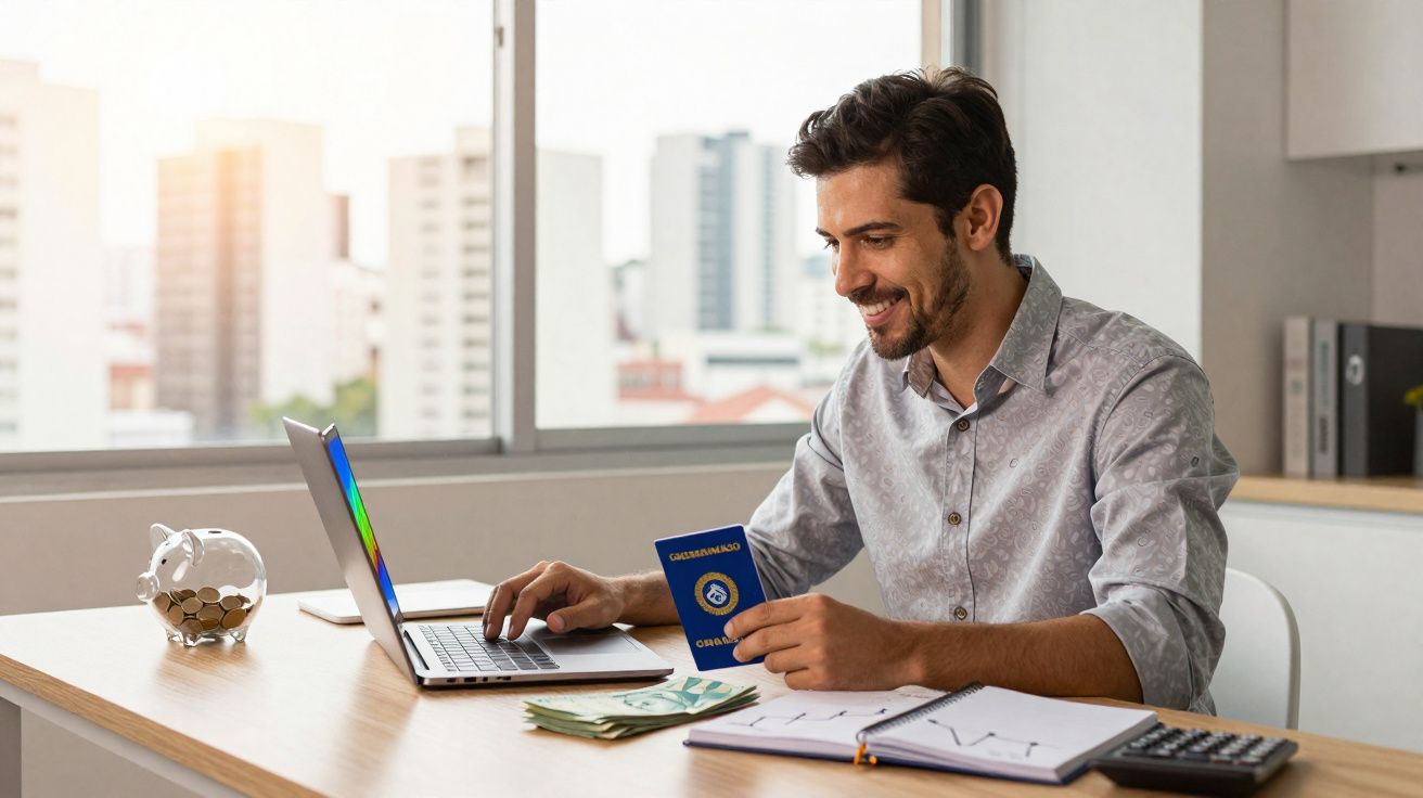 Homem sorrindo sentado à mesa usando notebook, segurando carteira de trabalho com cédulas e cofrinho ao lado.