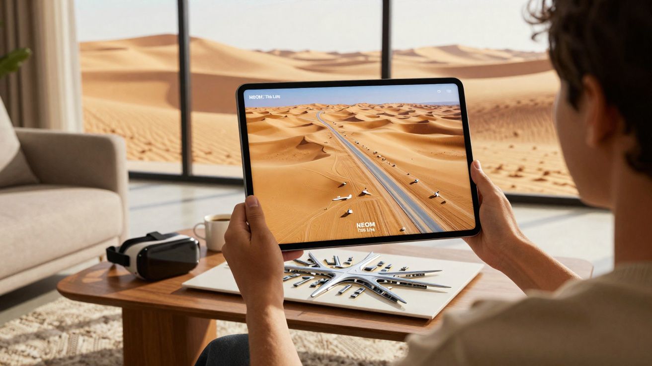 Pessoa segura tablet com imagem de estrada no deserto em sala com vista para dunas de areia.