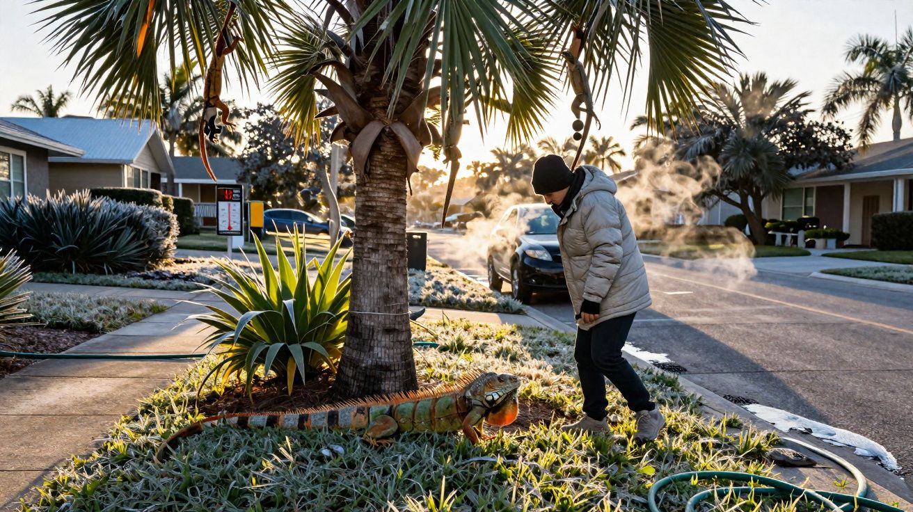 Pessoa com roupa de frio observando uma iguana em área gramada próxima a palmeira na rua ao amanhecer.