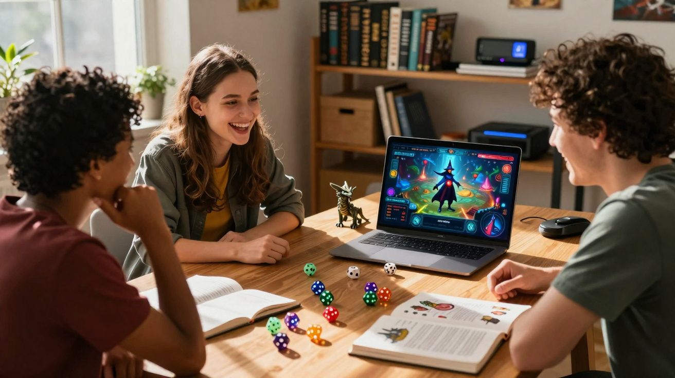 Três jovens jogando RPG de mesa com dados coloridos e personagem mágico em laptop sobre mesa de madeira.