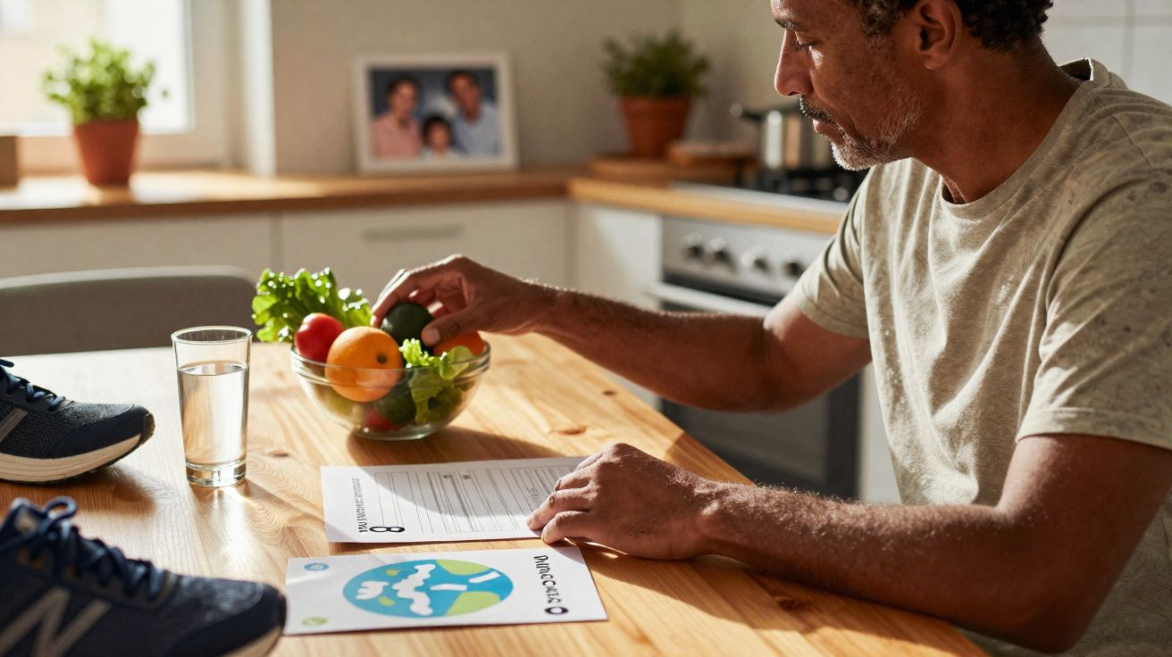 Homem sentado à mesa pegando frutas em uma tigela, ao lado de copo d'água e tênis.