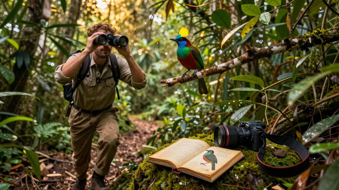 Homem observa passarinho colorido com binóculo em floresta, livro e câmera estão sobre musgo.