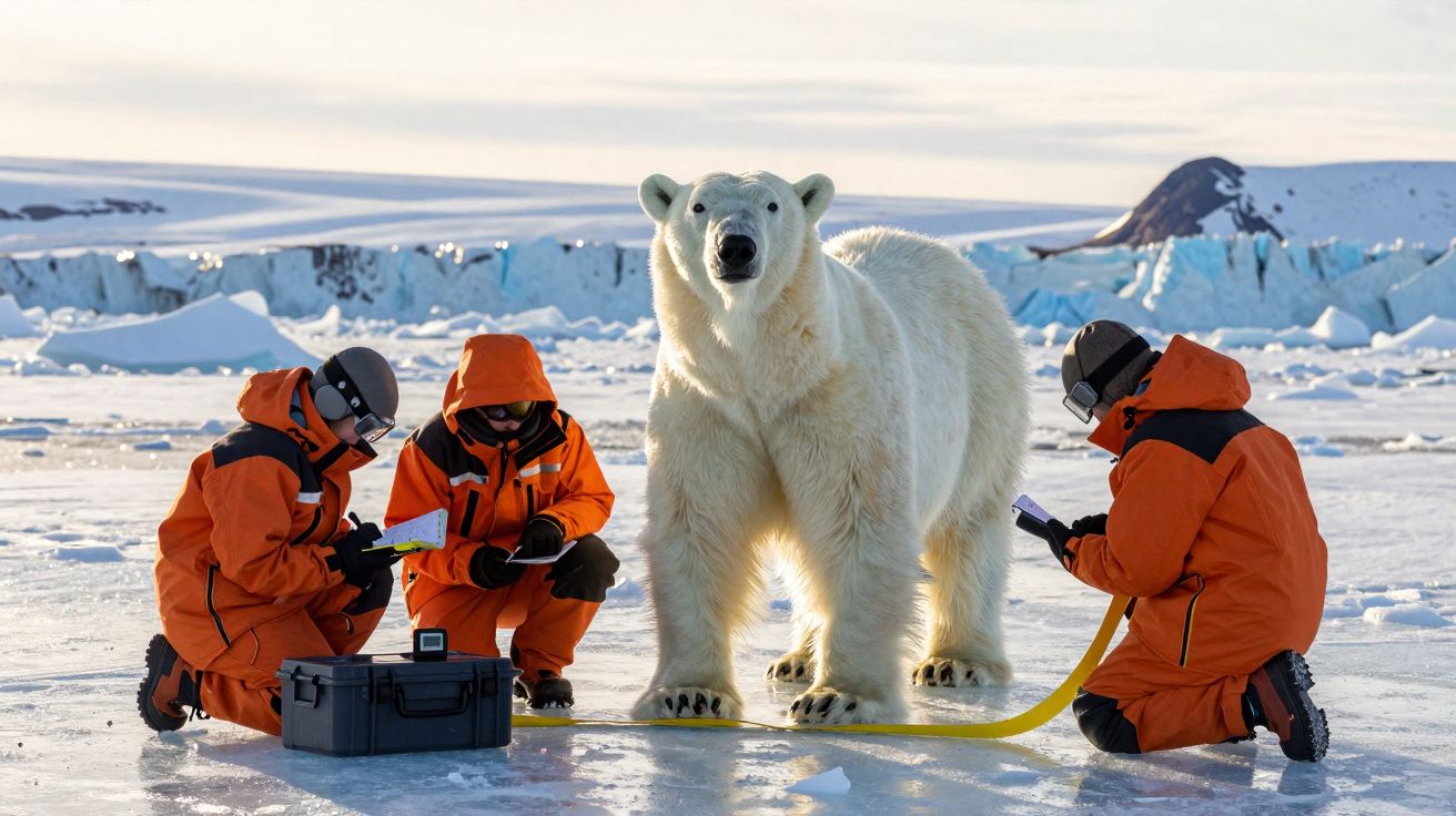 Urso polar cercado por três pesquisadores com roupas laranja em ambiente gelado com gelo e neve.