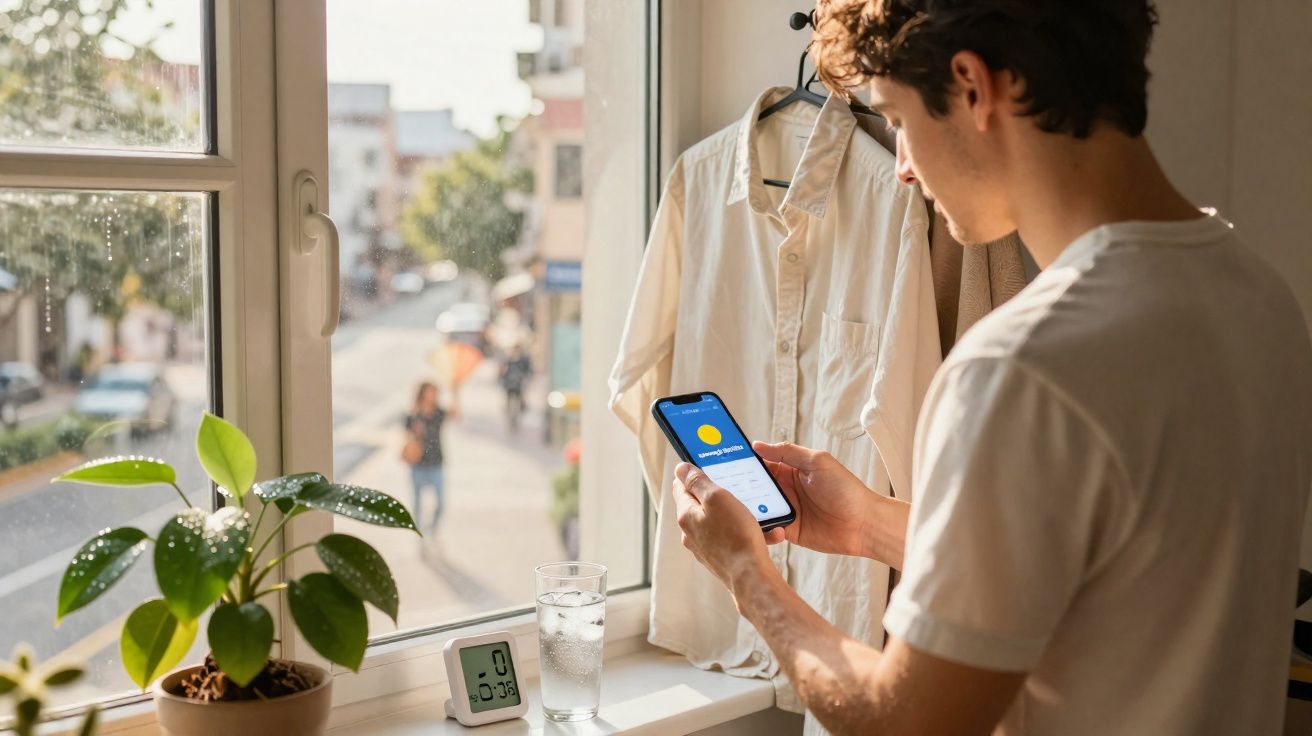 Homem jovem consulta previsão do tempo no celular perto de janela com planta e copo d'água.