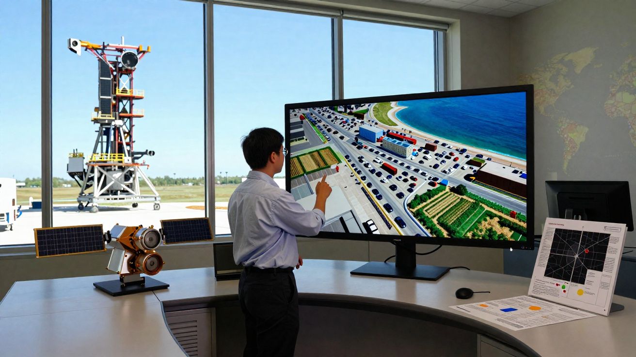 Homem interagindo com simulação de tráfego em grande tela curva em escritório com modelos tecnológicos ao redor.