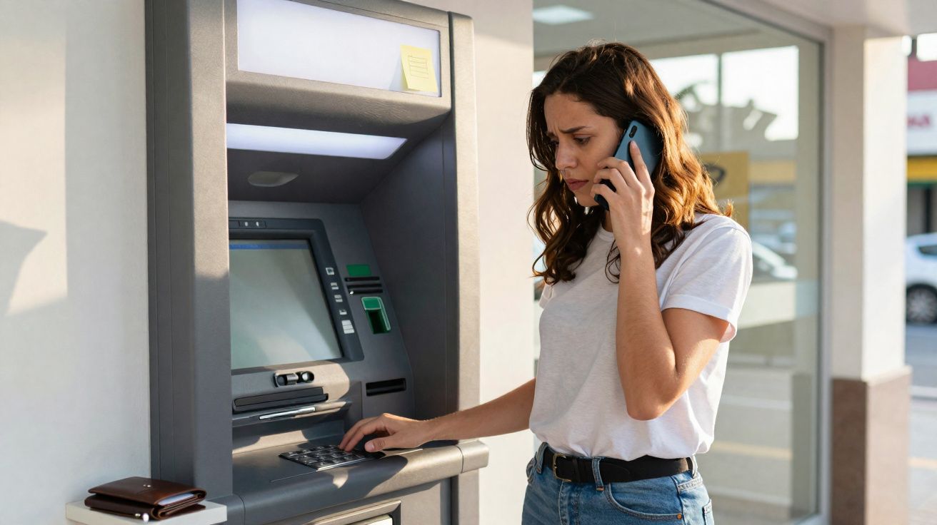 Mulher usando caixa eletrônico ao telefone com expressão preocupada, carteira sobre balcão ao lado.