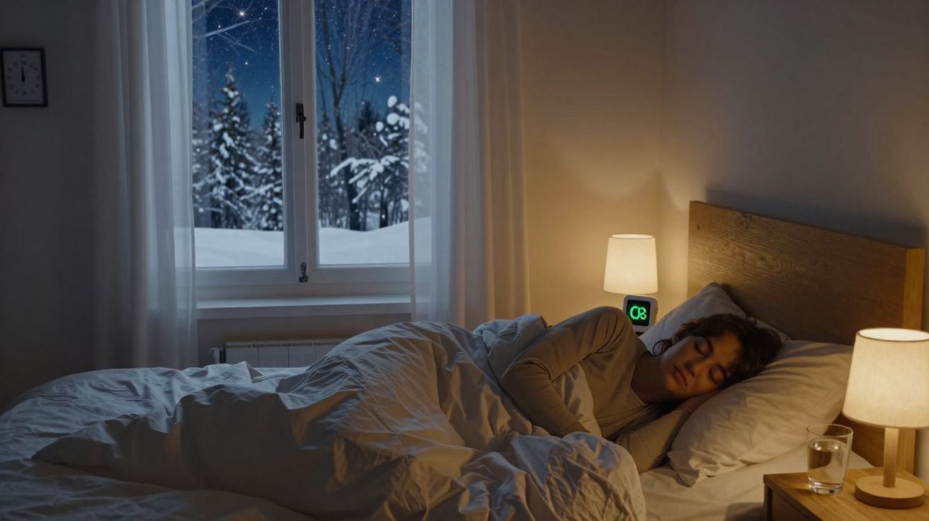 Pessoa dormindo coberta com edredom branco em quarto iluminado por abajures, com janela mostrando paisagem nevada e céu estre