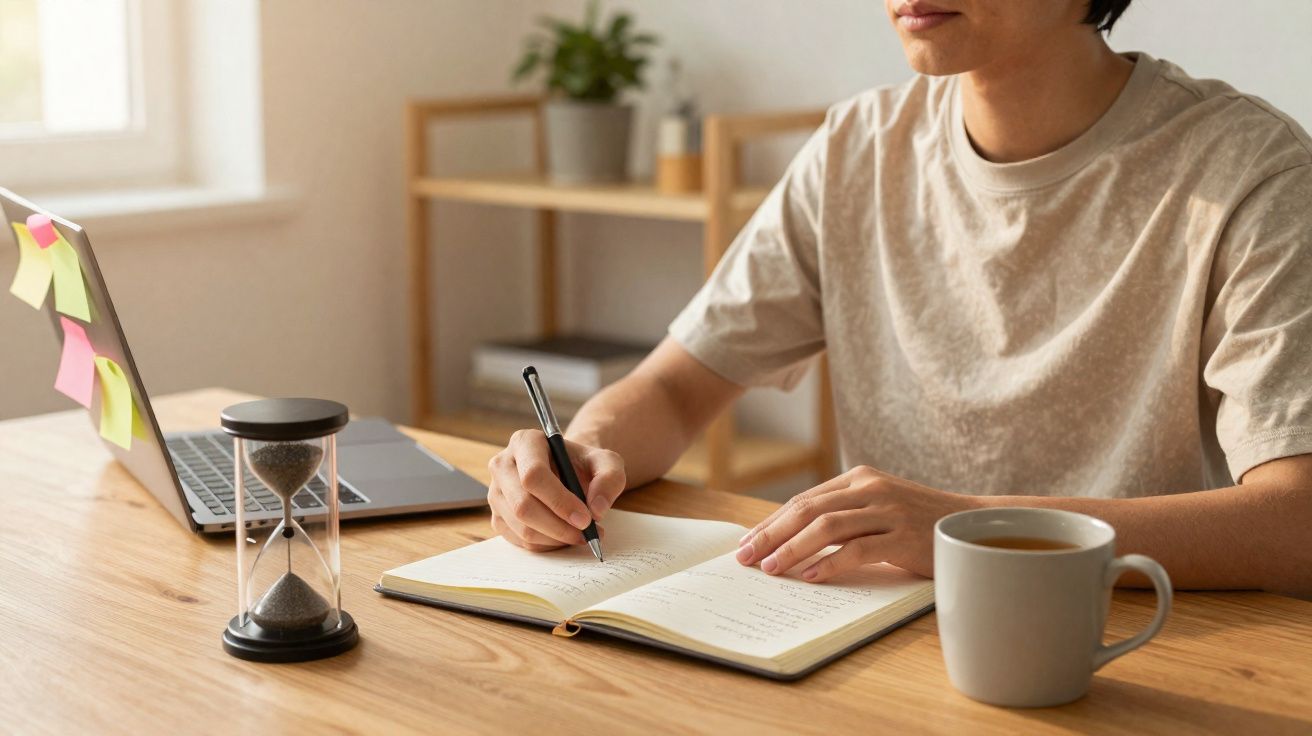 Pessoa escrevendo em caderno, com laptop, ampulheta e xícara de café em mesa de madeira.