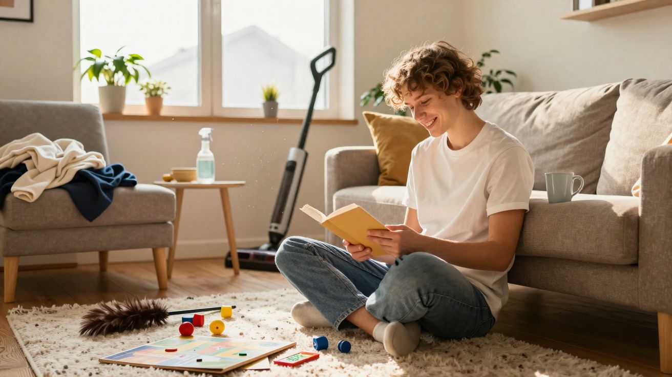 Jovem sentado no chão da sala lendo livro, com tabuleiro de jogo e aspirador ao fundo.