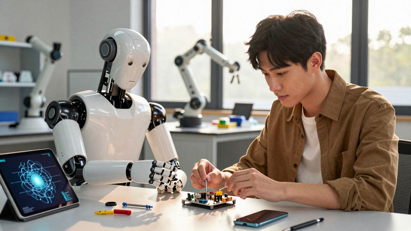 Jovem e robô trabalhando juntos em um projeto eletrônico em mesa de laboratório tecnológico.