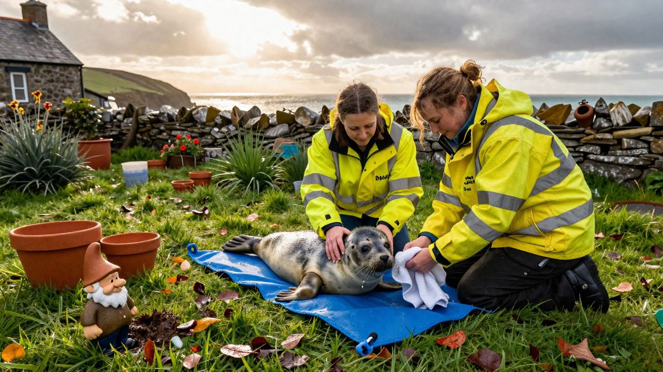 Duas pessoas com jaquetas amarelas cuidam de uma foca sobre lona azul em área gramada próxima ao mar.