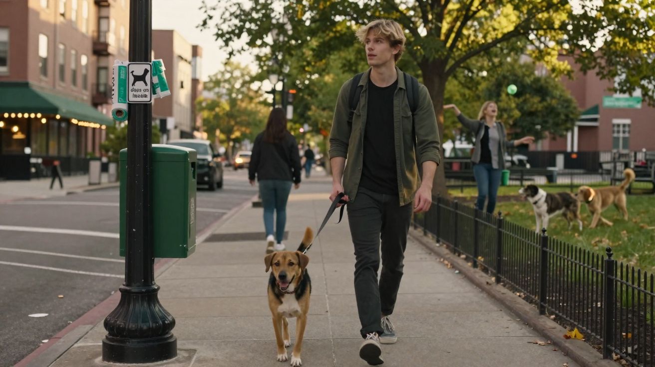 Homem jovem caminhando com cachorro na coleira em calçada de rua urbana com árvores e outras pessoas ao fundo.